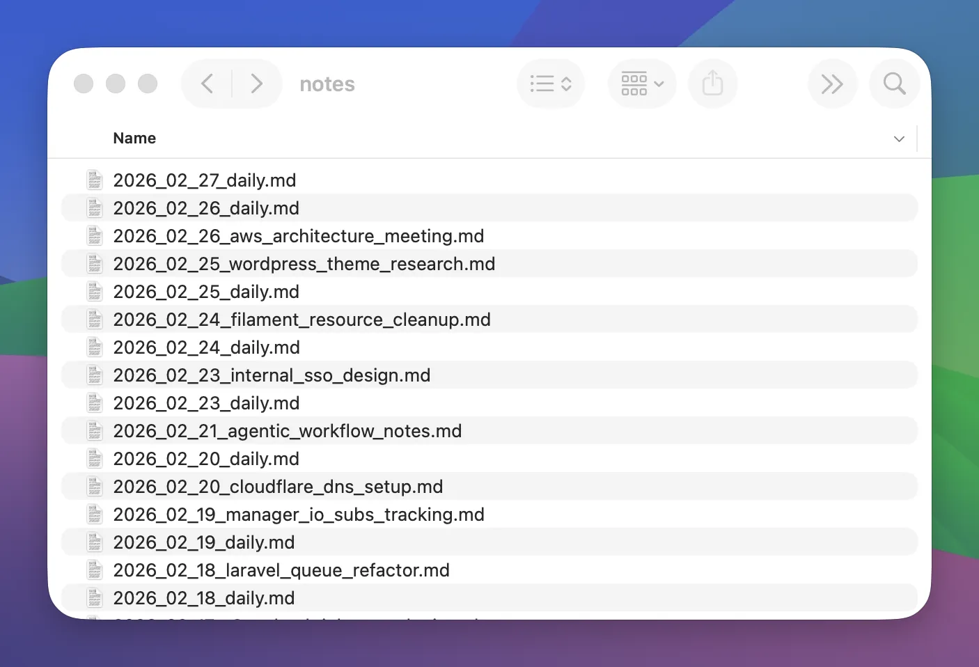 A screenshot of a folder in Finder showing a list of Markdown files with names like '2026_02_28_daily.md' and '2026_02_27_meeting-notes.md'. The files are sorted by name, showing the date-based naming convention clearly.