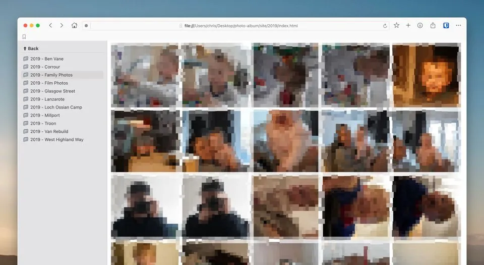A screenshot of a simple image archive viewer showing a folder of photos with thumbnails and metadata. The interface is minimal, with a clean layout and basic navigation.