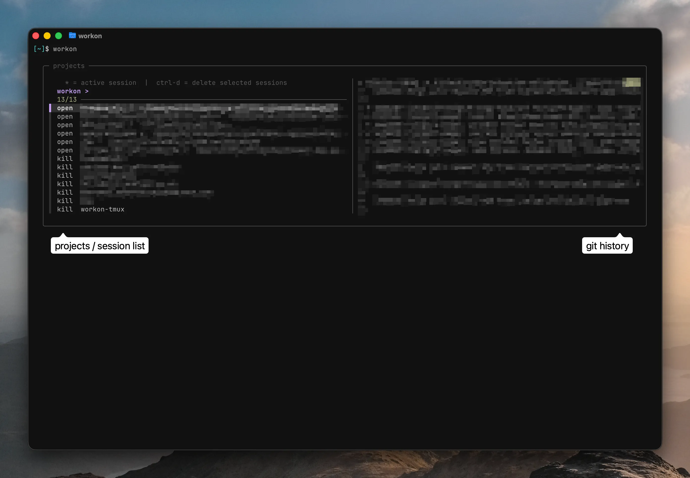 The workon fzf picker showing the project list on the left and git history on the right